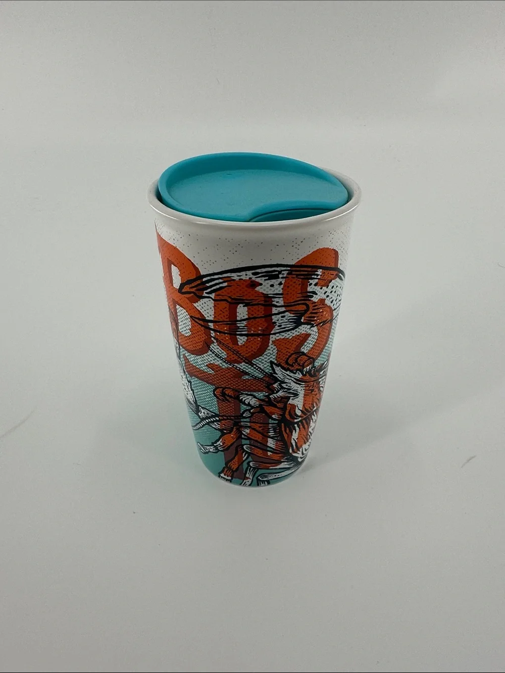 Starbucks Boston Travel Tumbler with Turquoise Lid and Orange Graphic